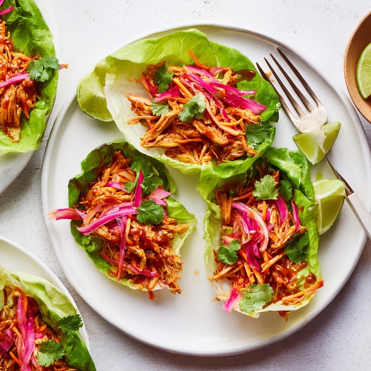 Smoky BBQ jackfruit nestled in crisp lettuce leaves, ideal for a healthy meal.  
