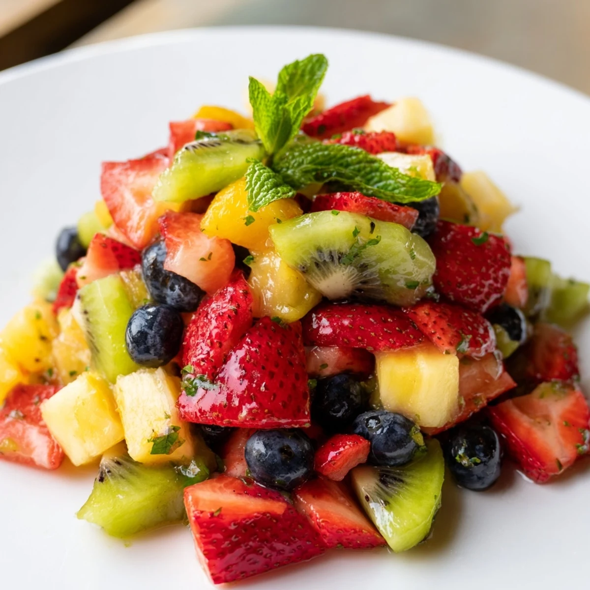 Refreshing Maple Mojito Fruit Salad served in a vibrant dish with fresh mint.  
