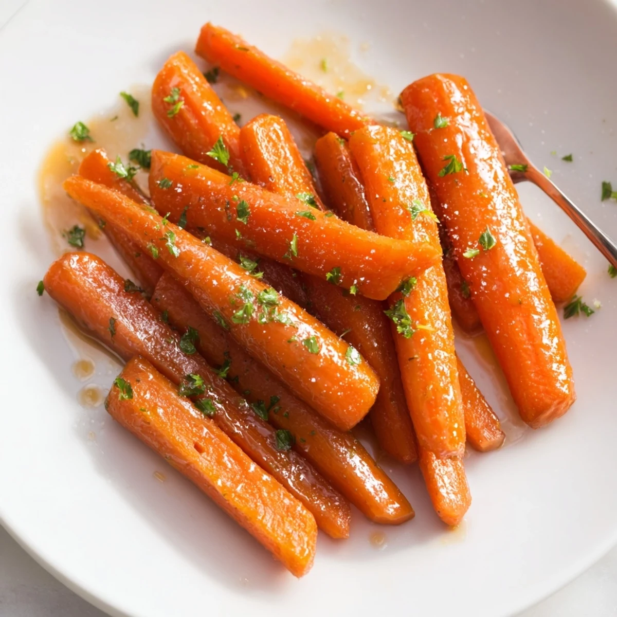 Tender bourbon maple glazed carrots shimmering in a rich, buttery sauce.  