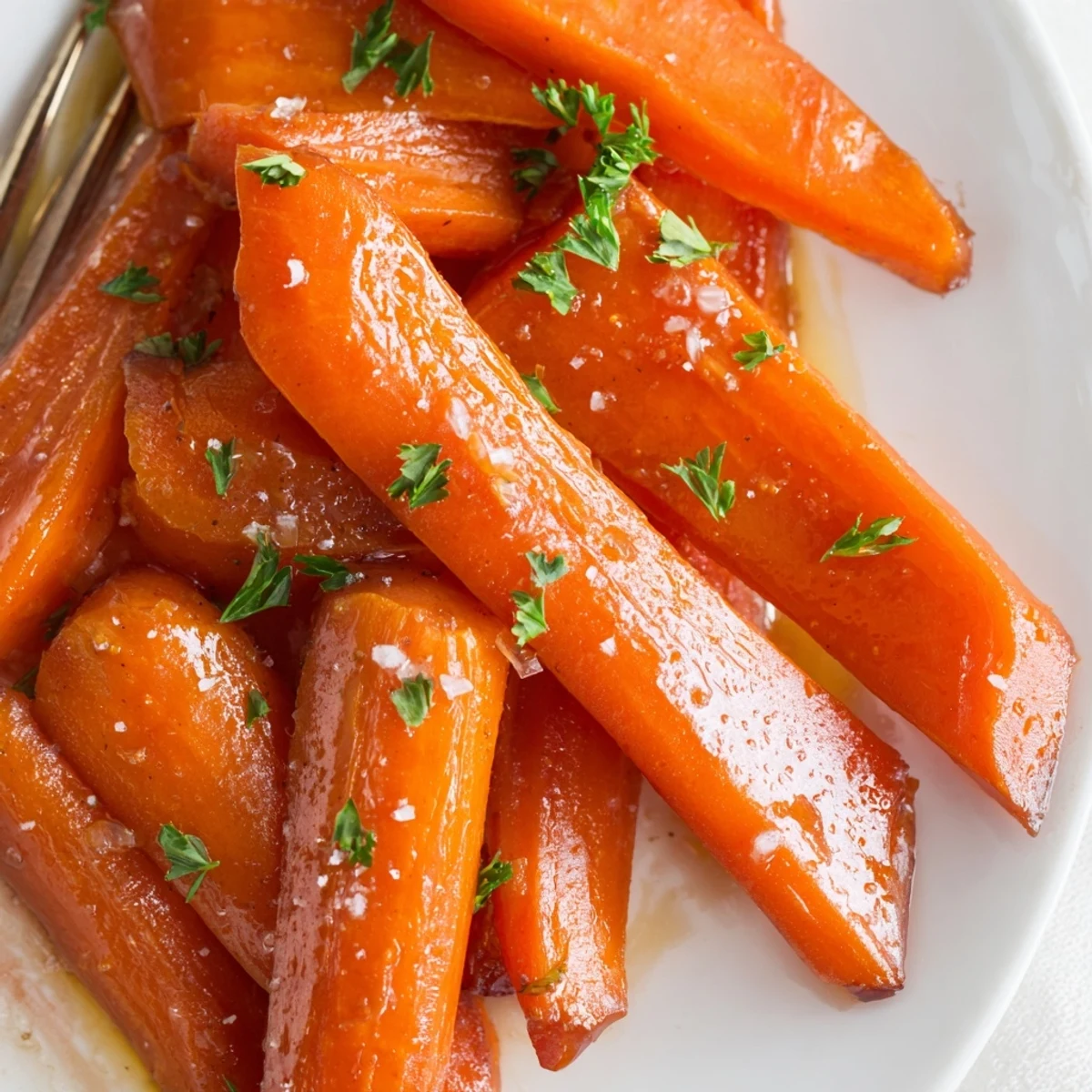 Deliciously caramelized bourbon maple glazed carrots garnished with fresh parsley.
