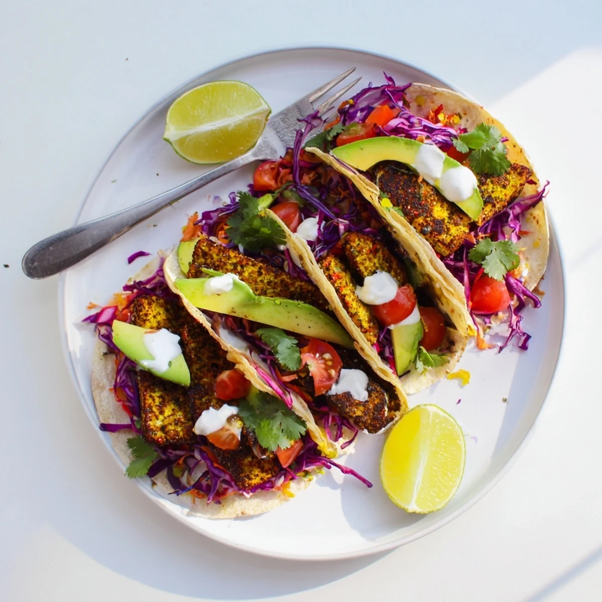 Delicious cilantro lime seared tofu tacos nestled in warm tortillas, bursting with flavor.