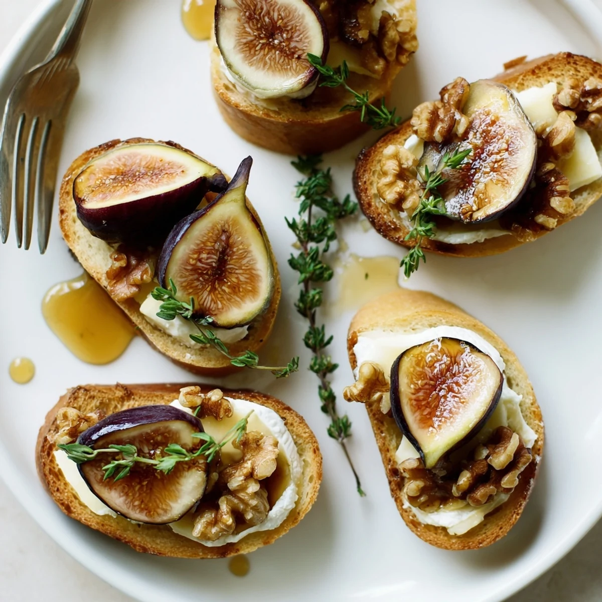 Golden baguette slices laden with soft Brie, figs, and crunchy walnuts for delightful bites.  