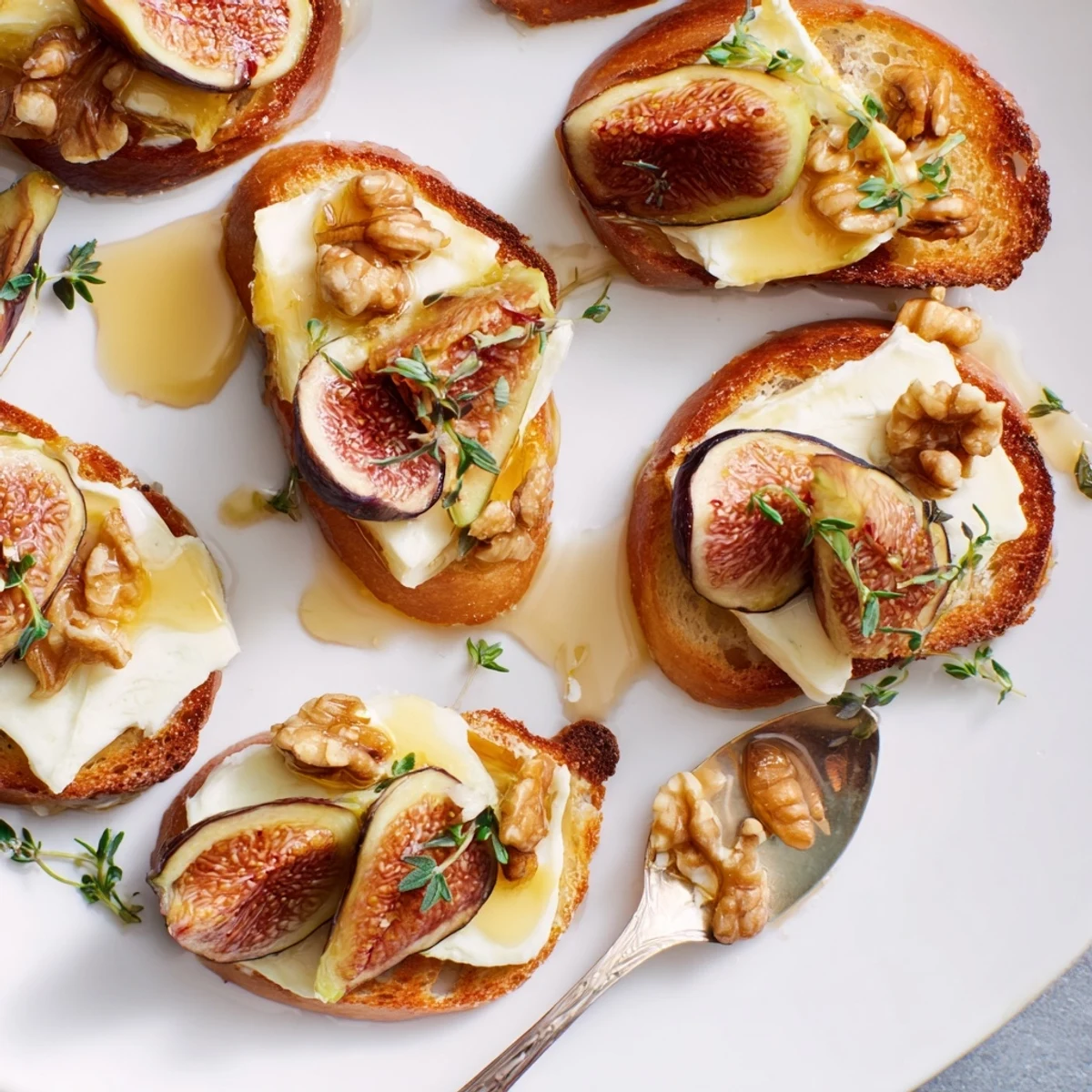 Rich Fig & Walnut Brie Crostini garnished with honey, ideal for elegant appetizer spreads.
