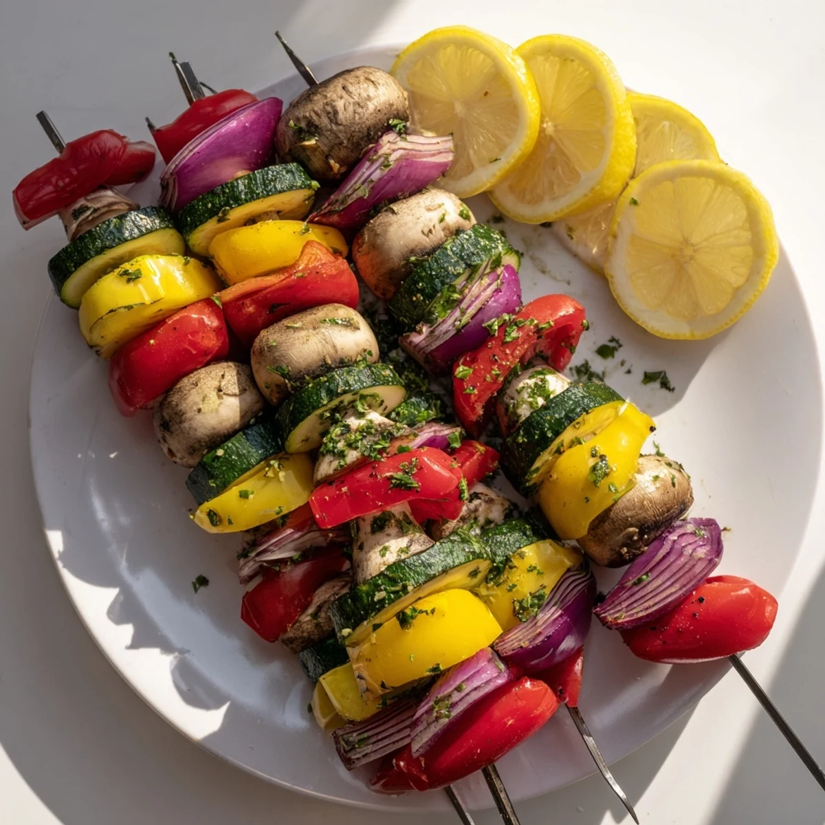 Zesty lemon herb veggie skewers arranged on a serving platter, perfect for sharing.