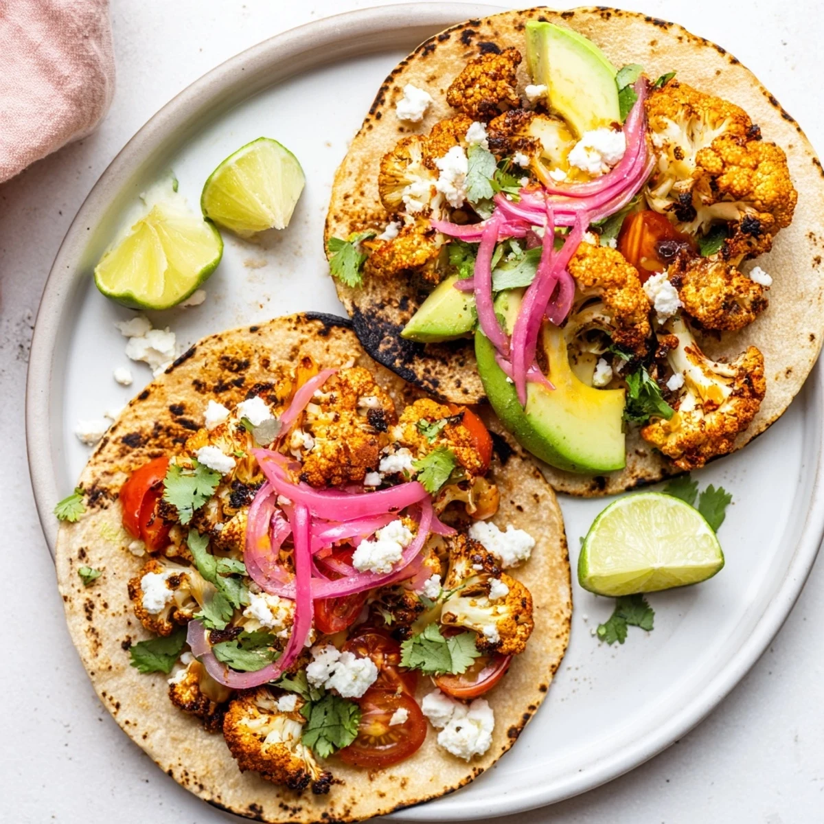 Flavor-packed roasted cauliflower & feta tacos garnished with fresh cilantro and lime.
