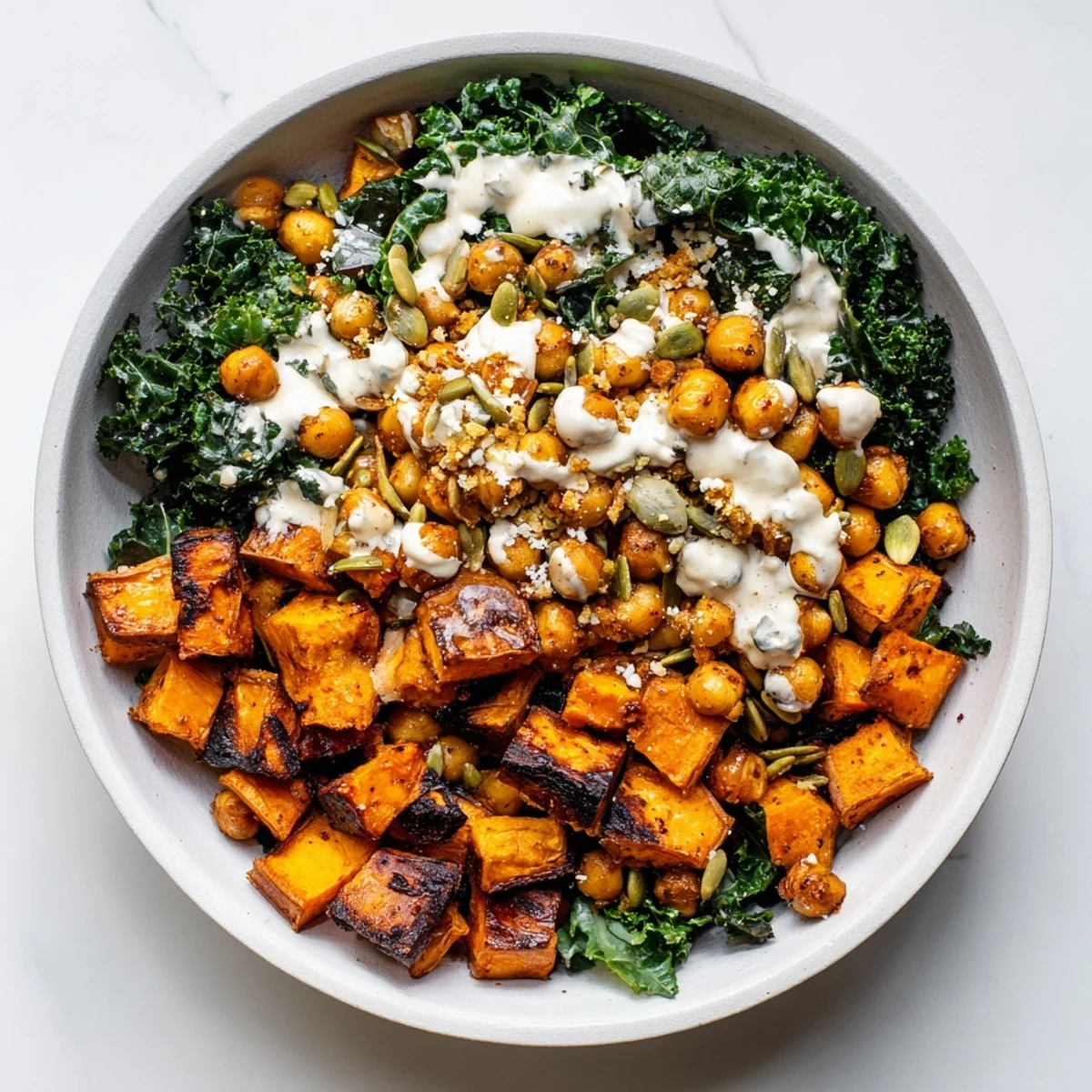 Deliciously vibrant Roasted Sweet Potato & Kale Bowl perfect for a healthy lunch or dinner.  