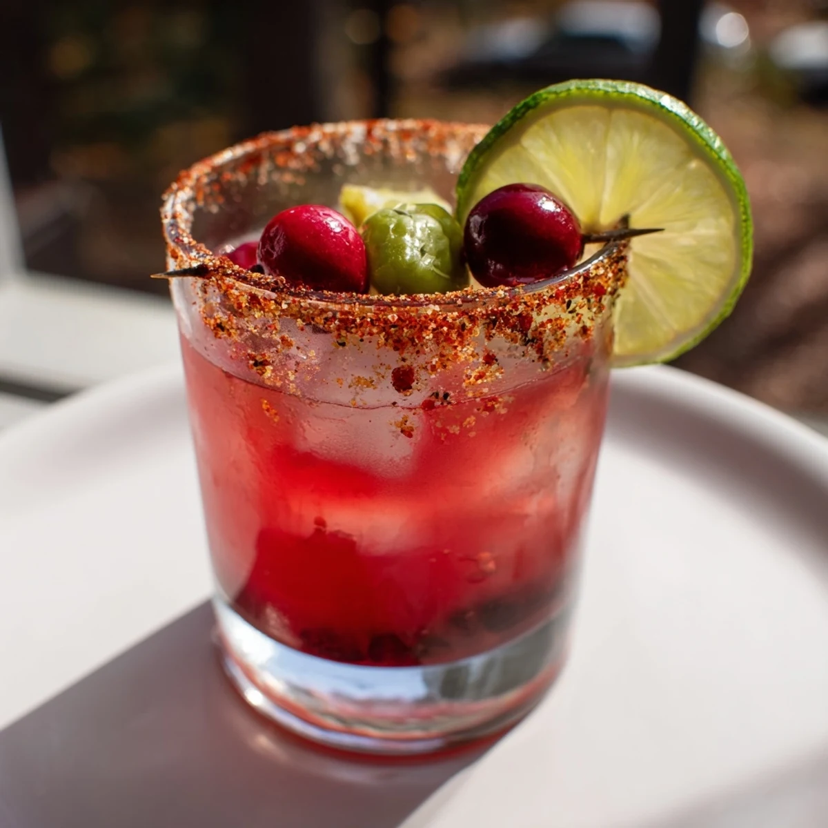 Bright red DIY Cranberry-Pickle Margaritas, garnished with pickles and limes, look refreshing with ice.