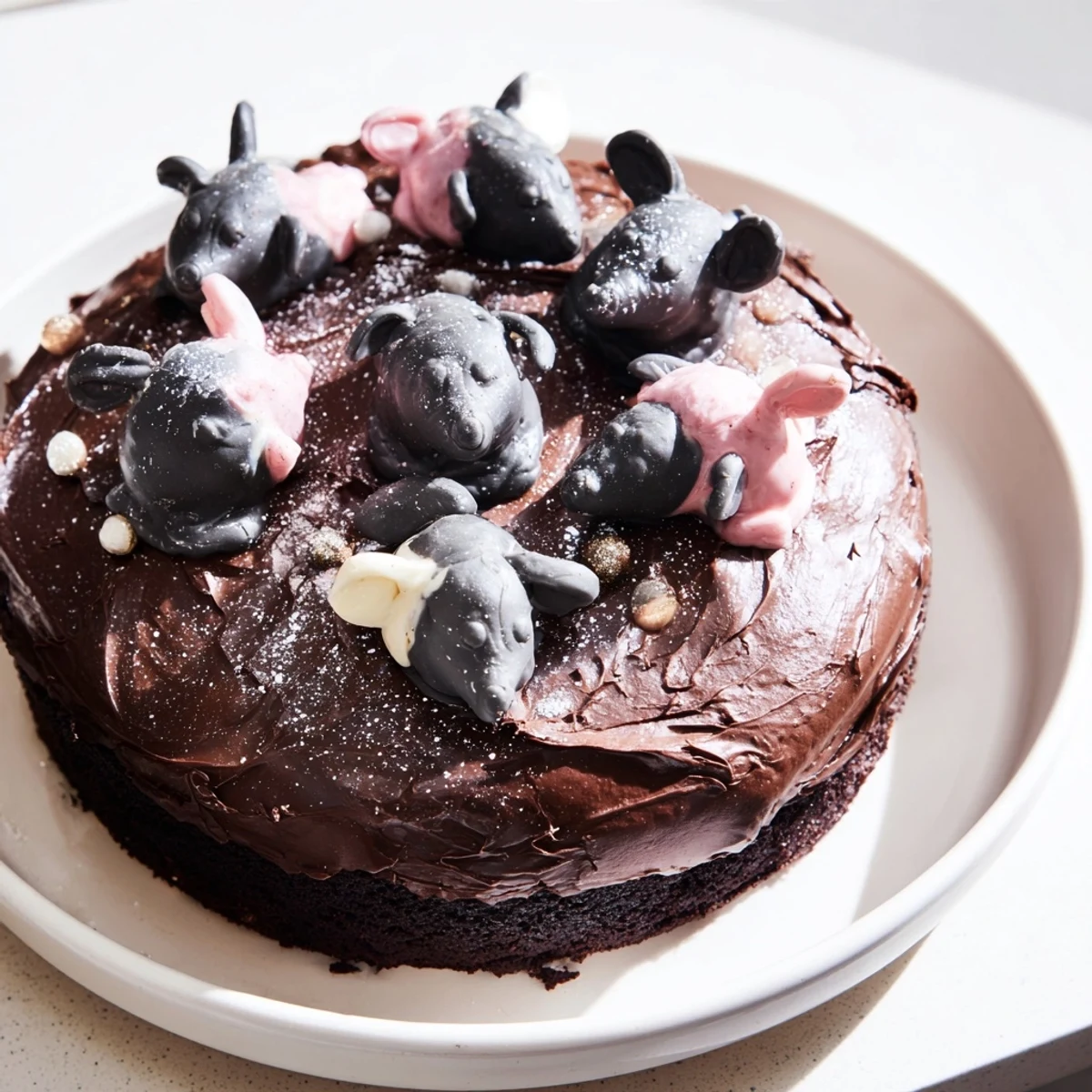 Decadent Rat Cake photograph showcasing a rich, dark chocolate cake topped with fluffy ganache.