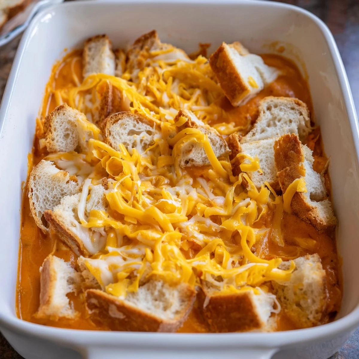 A close-up view of the hearty Easy Tomato Soup & Grilled Cheese Casserole Bake, cheesy and delicious.