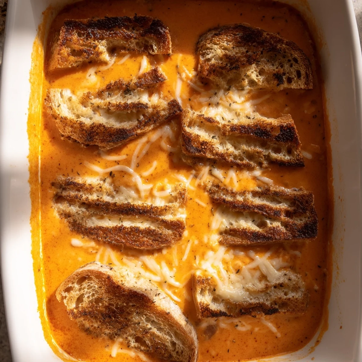 Buttery bread and melted cheese layer the delightful Easy Tomato Soup & Grilled Cheese Casserole Bake.