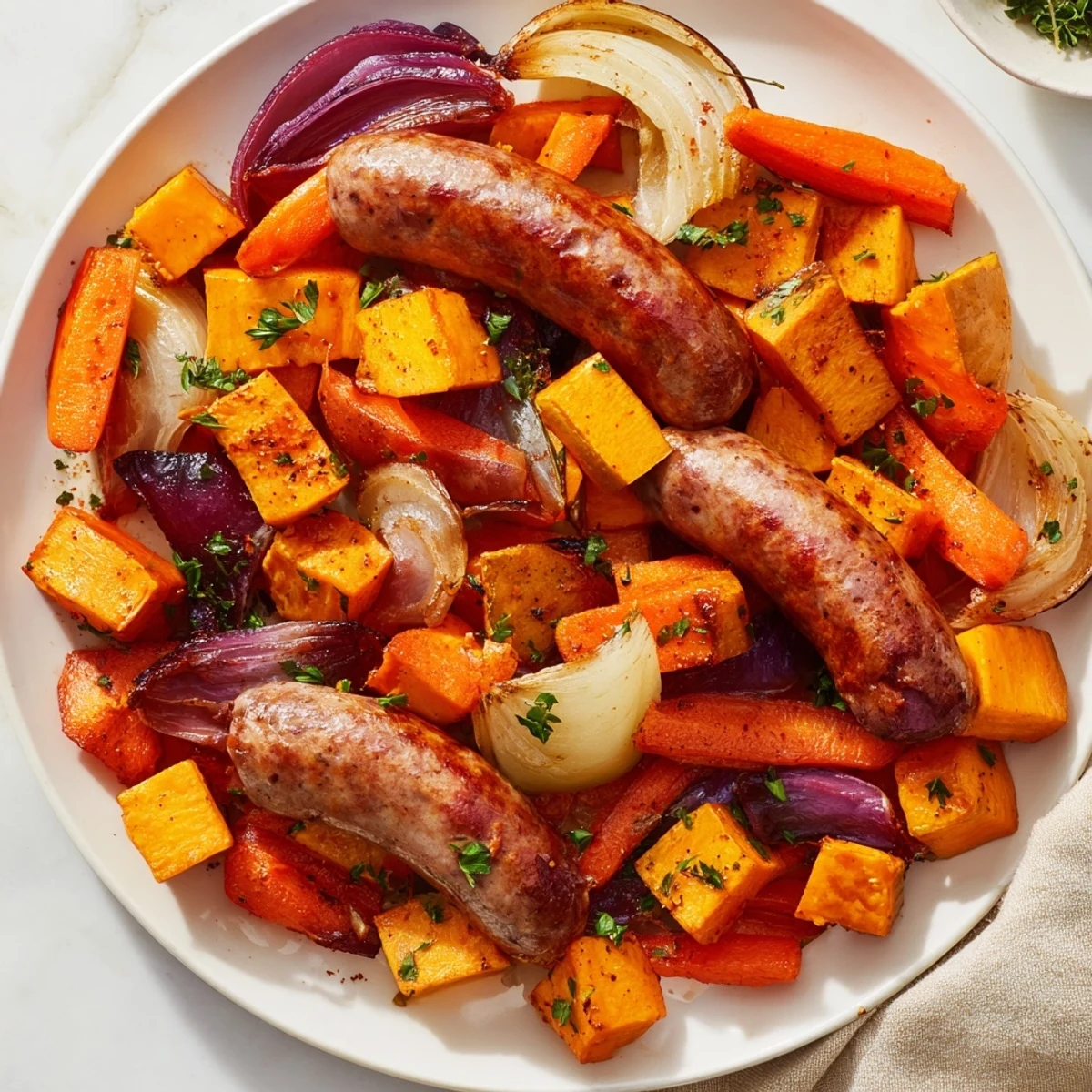 Sheet pan roasted sausage, squash, and vegetables: a colorful, savory one-pan meal, ready to serve.