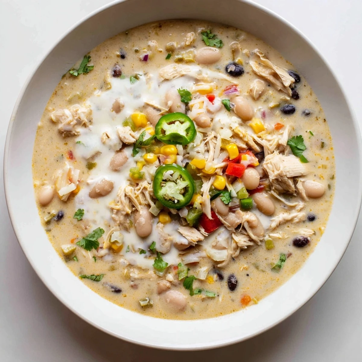 Steaming Slow Cooker White Chicken Chili with black beans, garnished with fresh cilantro and cheese.