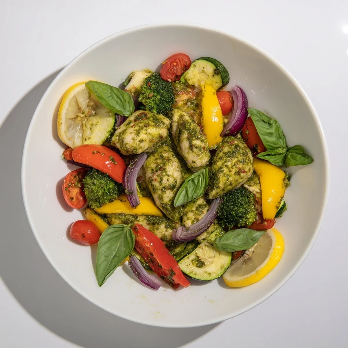 This Quick Lemon Pesto Chicken sheet pan showcases tender chicken nestled among colorful, roasted vegetables, ready to serve.