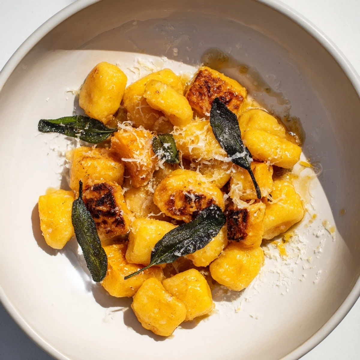 Golden Rustic Butternut Squash & Sage Brown Butter Gnocchi dish with a nutty aroma.