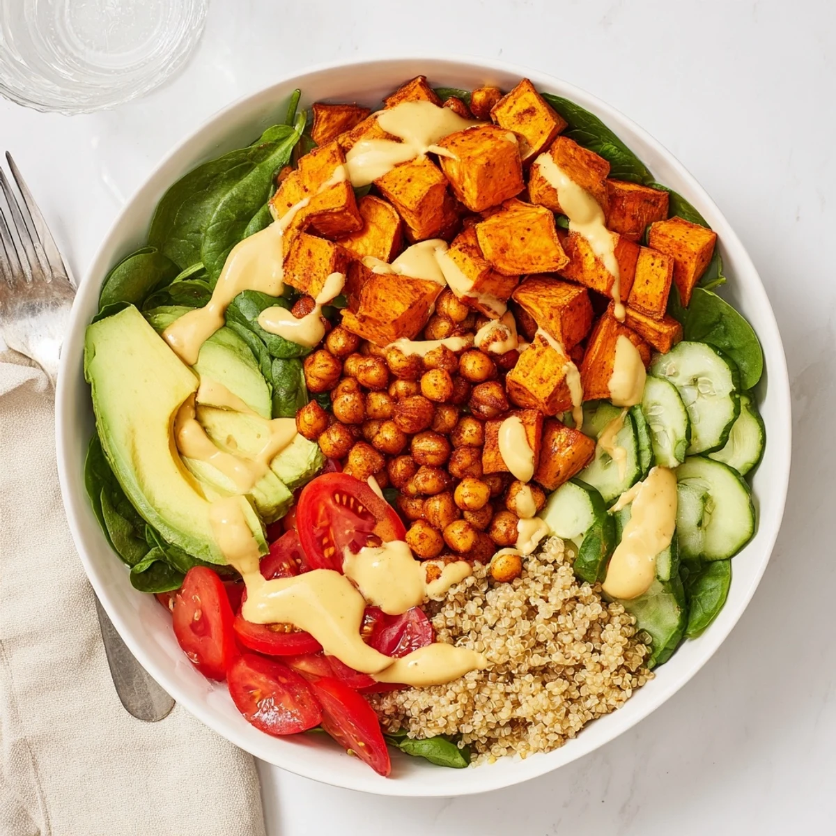 Wholesome Sweet Potato & Chickpea Buddha Bowl brimming with fresh veggies and crispy chickpeas.  