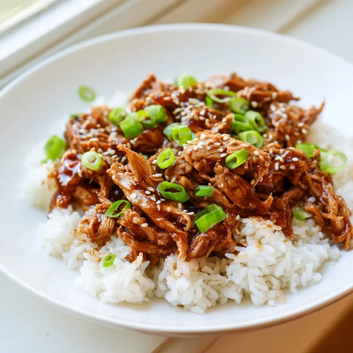 Tender, glistening Easy Slow Cooker Teriyaki Chicken with rice, a perfect easy dinner on a plate.