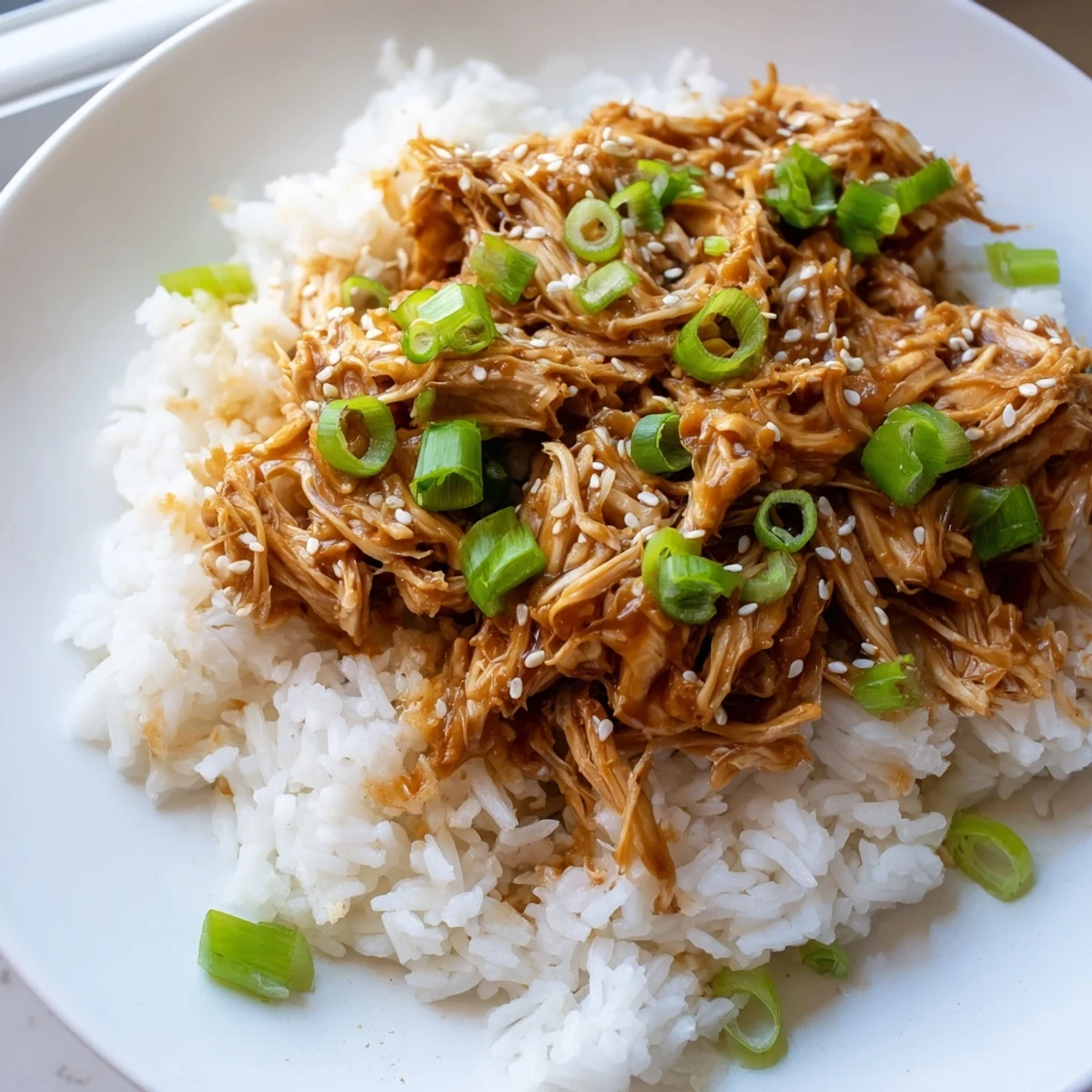 Steaming white rice topped with saucy Easy Slow Cooker Teriyaki Chicken, garnished with fresh green onions.