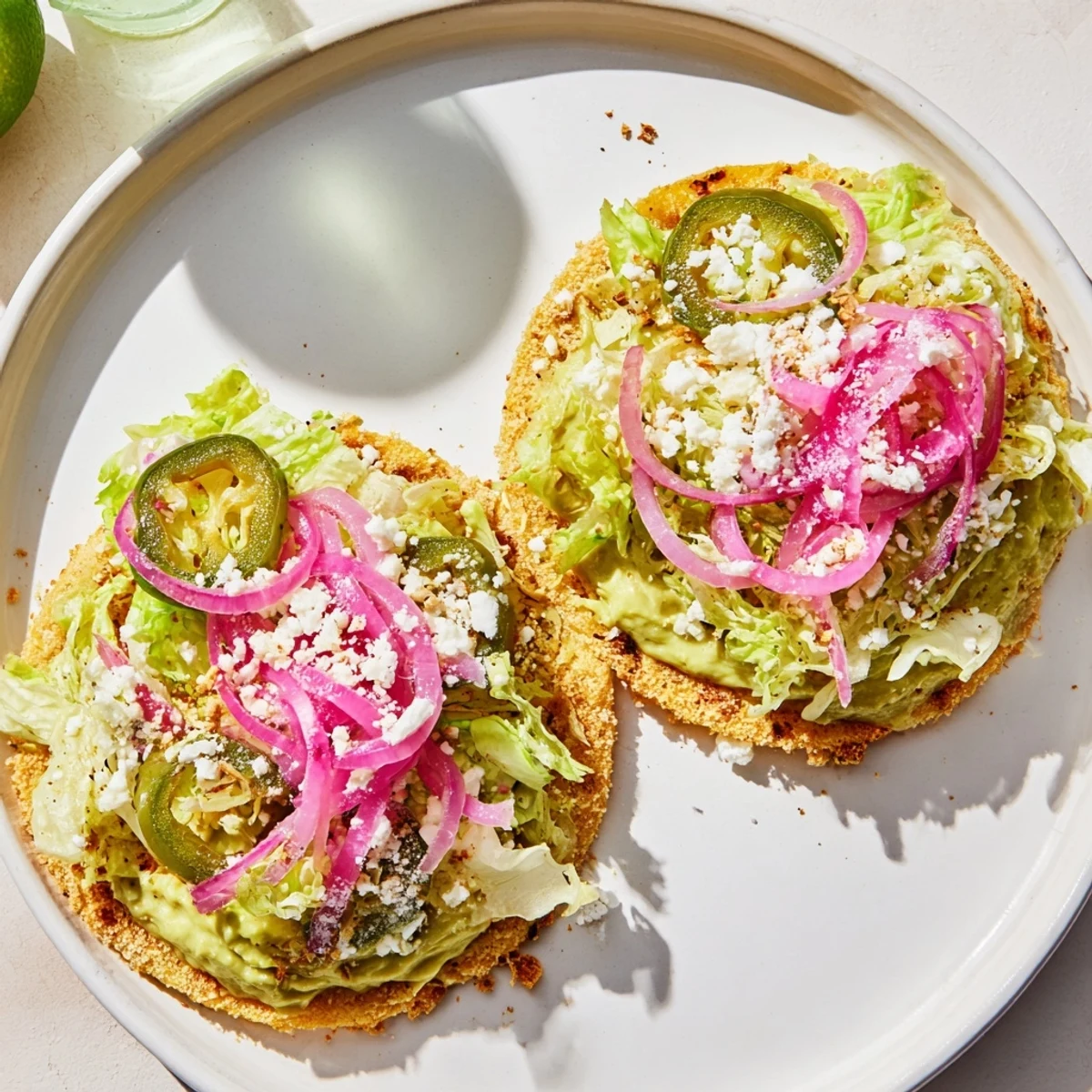 Golden-brown 5-Minute Pickled Red Onion Tacos filled with a creamy, crispy avocado crema are a delicious vegetarian meal.