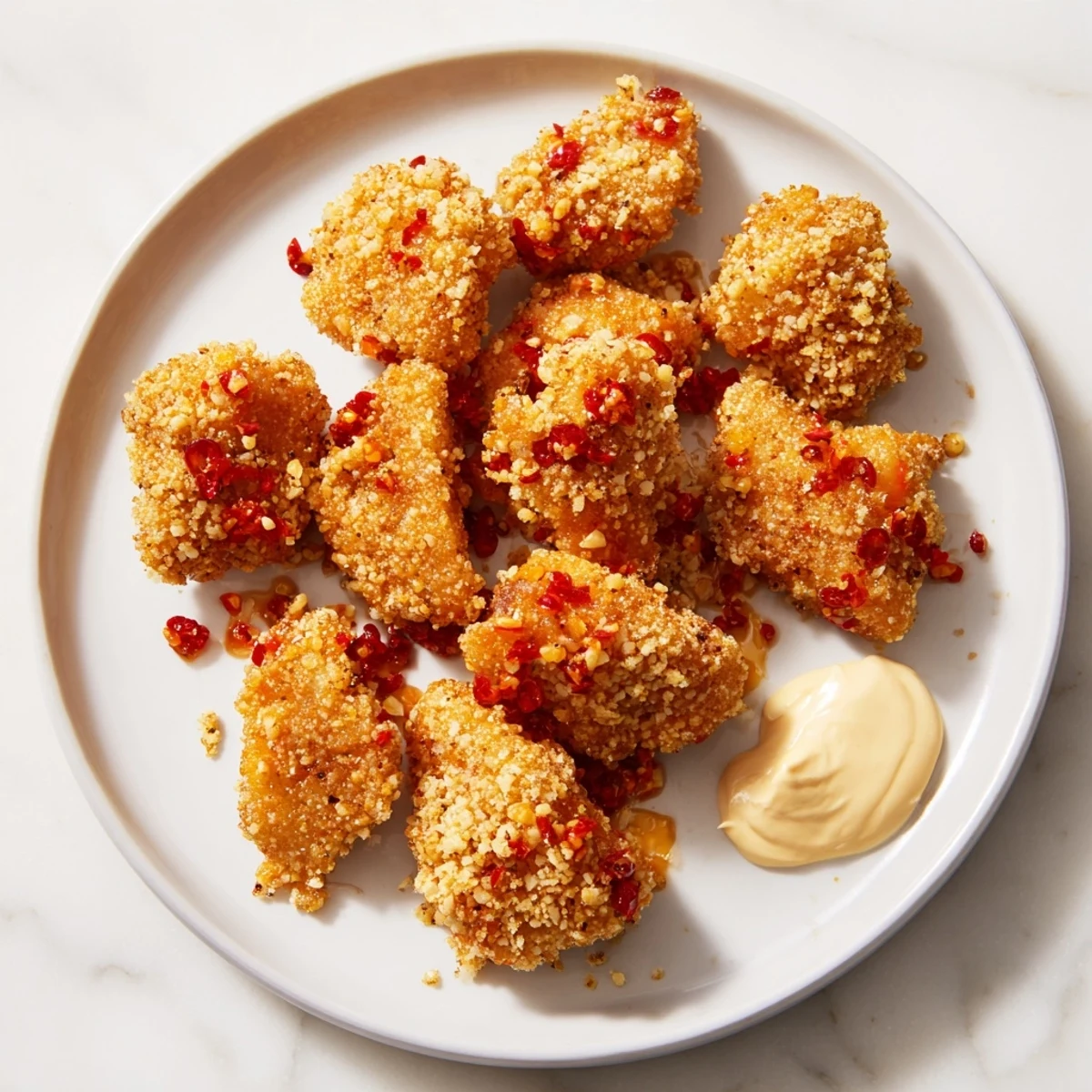 Tempting appetizer: Spicy Bang Bang Chicken Bites with sweet chili sauce, perfect for sharing and dipping.