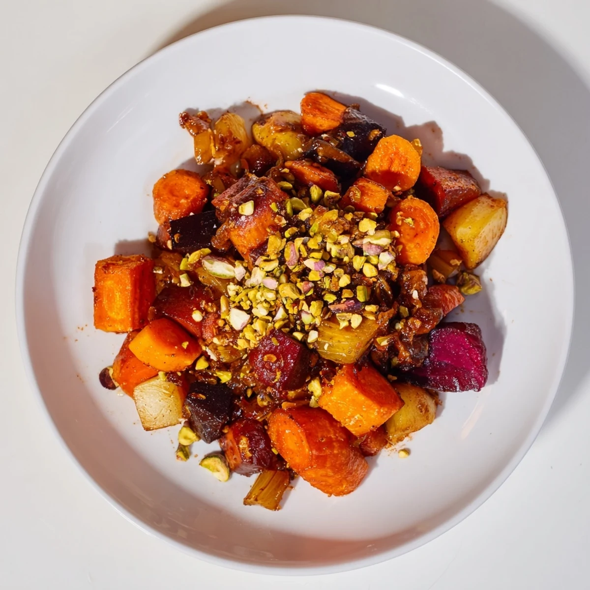 This close-up shows the tender Balsamic Glazed Root Vegetables, coated with a glossy balsamic reduction and crunch.