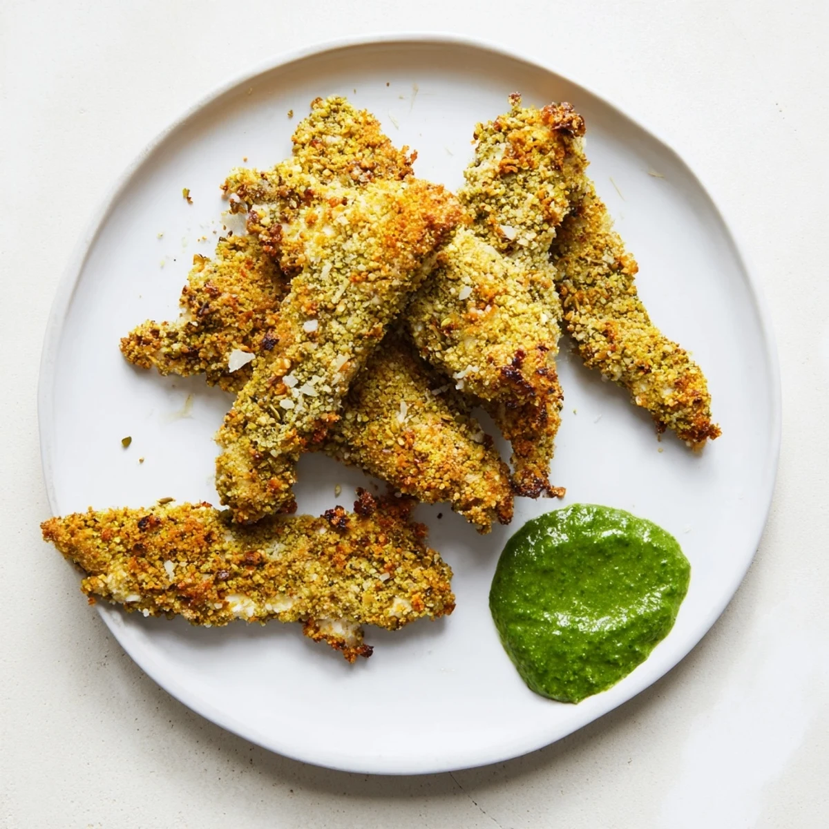 Golden-crusted Pistachio Crusted Turkey Tenders with vibrant green chimichurri, ready to be enjoyed.