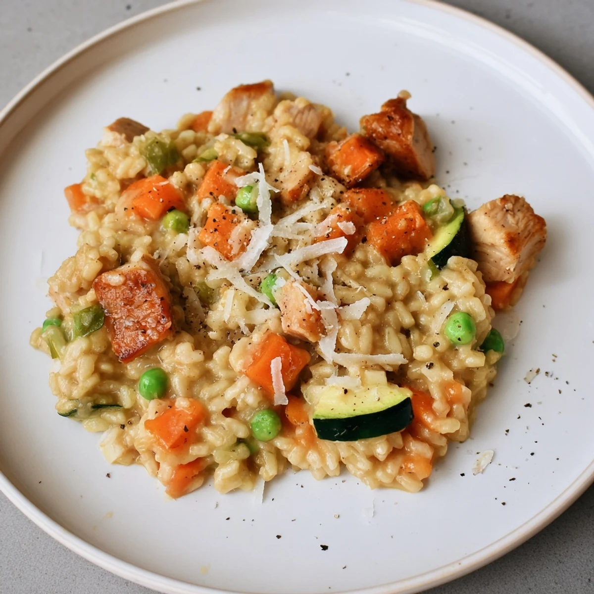 Creamy Japanese Curry Risotto with tender turkey and green peas, ready to serve and enjoy.