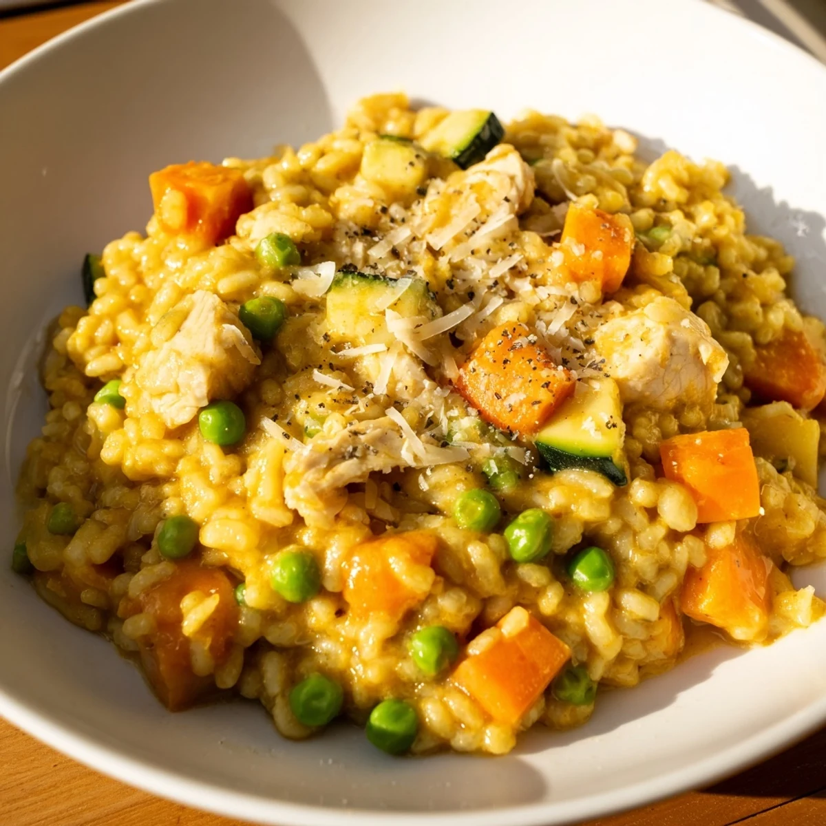 A comforting bowl of Japanese Curry Risotto featuring tender turkey pieces and vibrant vegetables.
