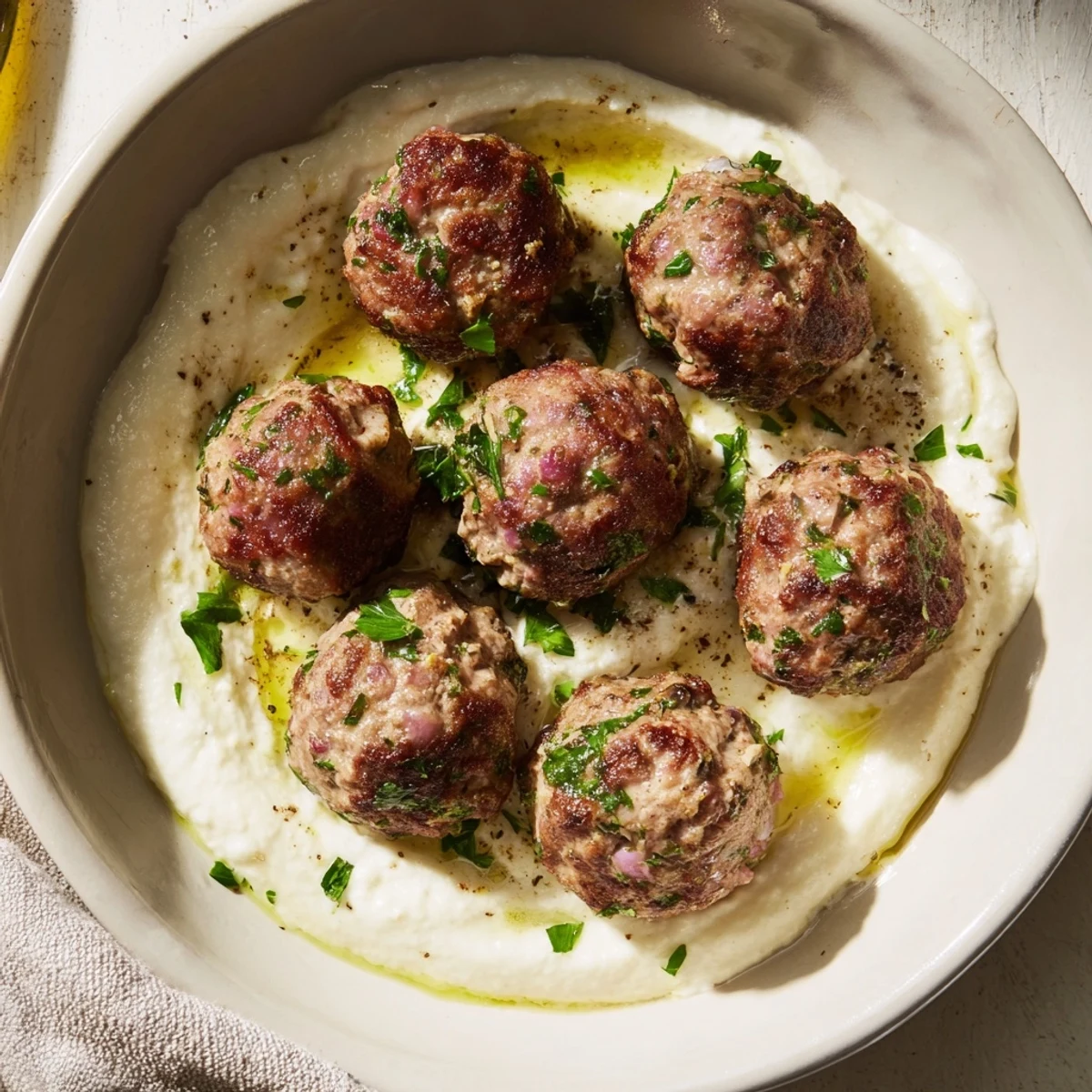 Golden-brown Garlic Herb Lamb Meatballs are served with cool, creamy zaatar yogurt alongside.