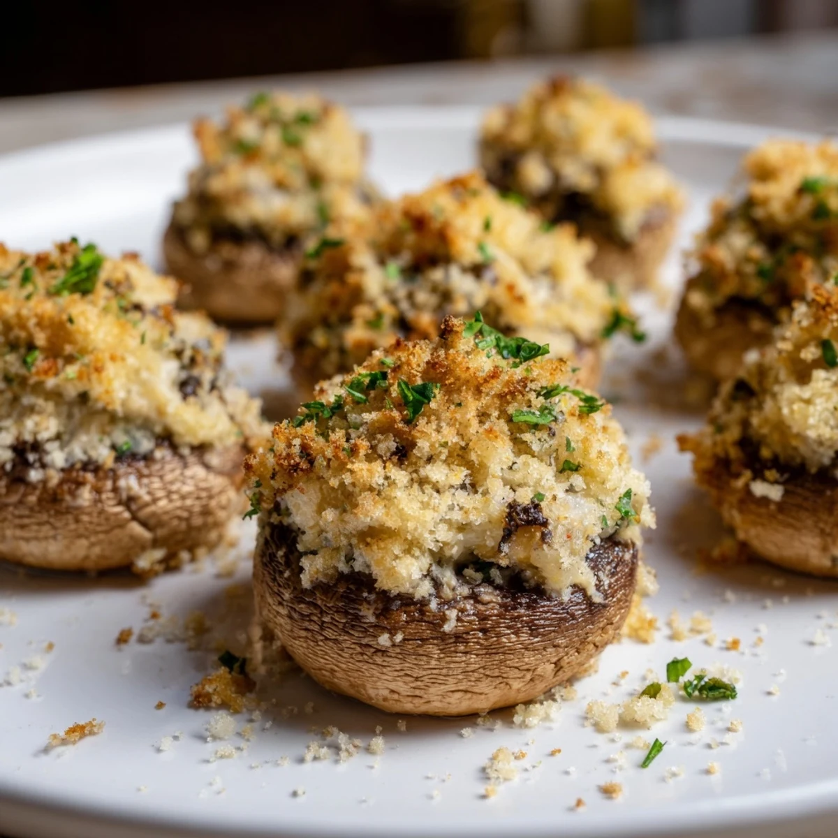 Close-up of savory Air Fryer Holiday Stuffed Mushrooms, overflowing with creamy, herb-infused filling.