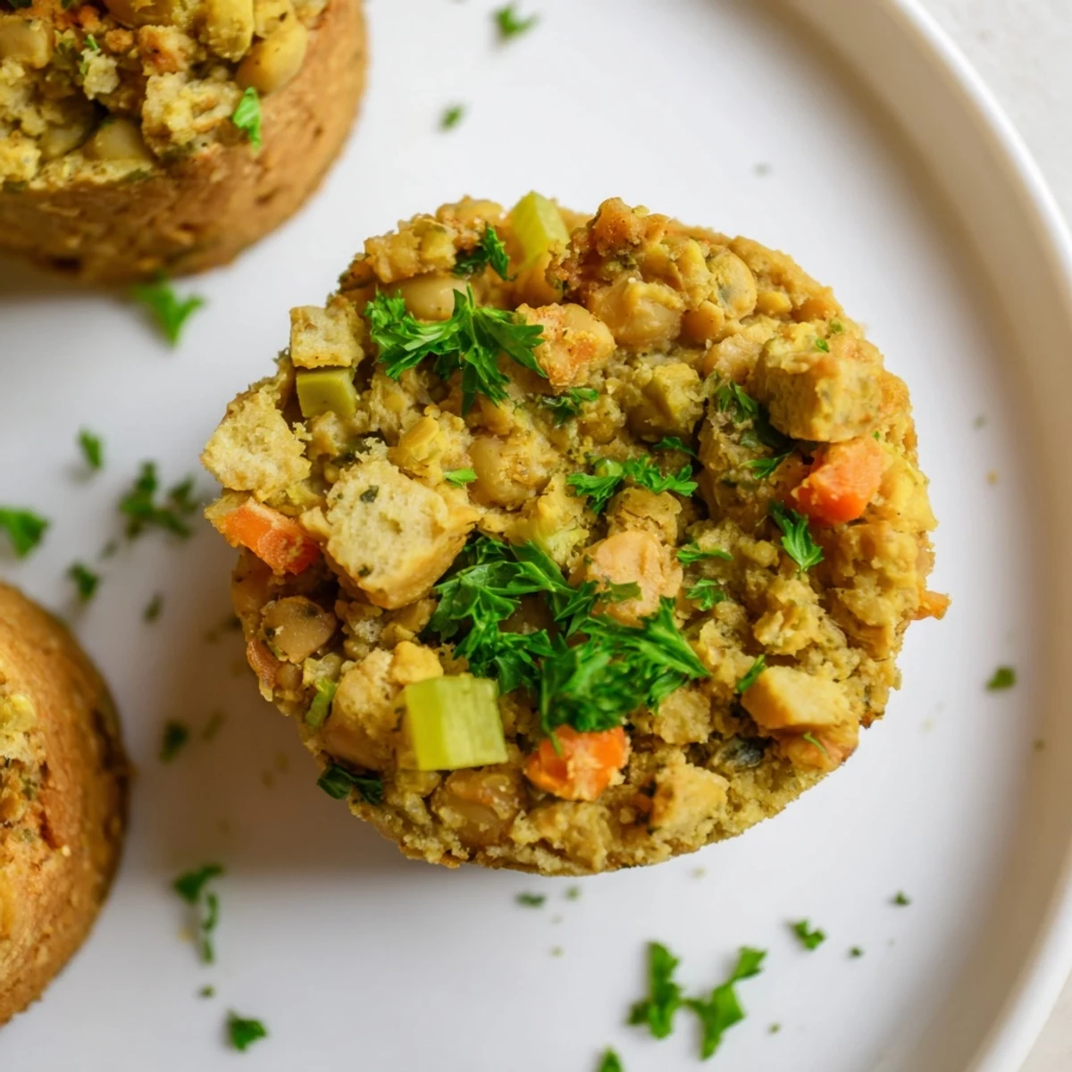 Savory and flavorful, these Vegan Chickpea Stuffing Muffins feature visible herbs and vegetables inside.