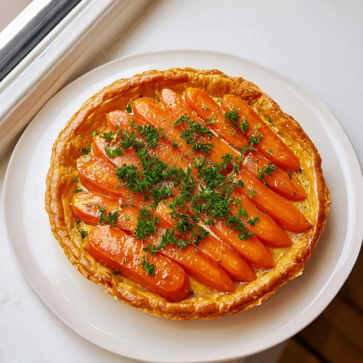 Golden-crusted Maple Miso Carrot Tart, filled with vibrant roasted carrots and creamy goat cheese.