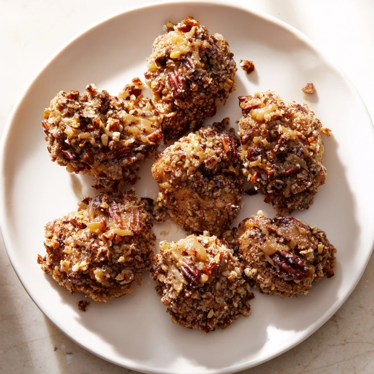 Golden-brown pecan-crusted maple Dijon chicken bites ready to be served, a perfect appetizer.