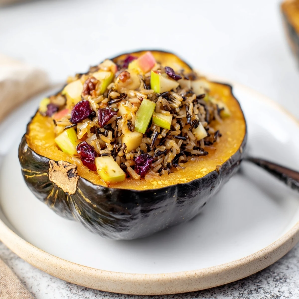 Golden-brown stuffed acorn squash with maple sriracha drizzle, inviting flavors from a hearty vegetarian dish.