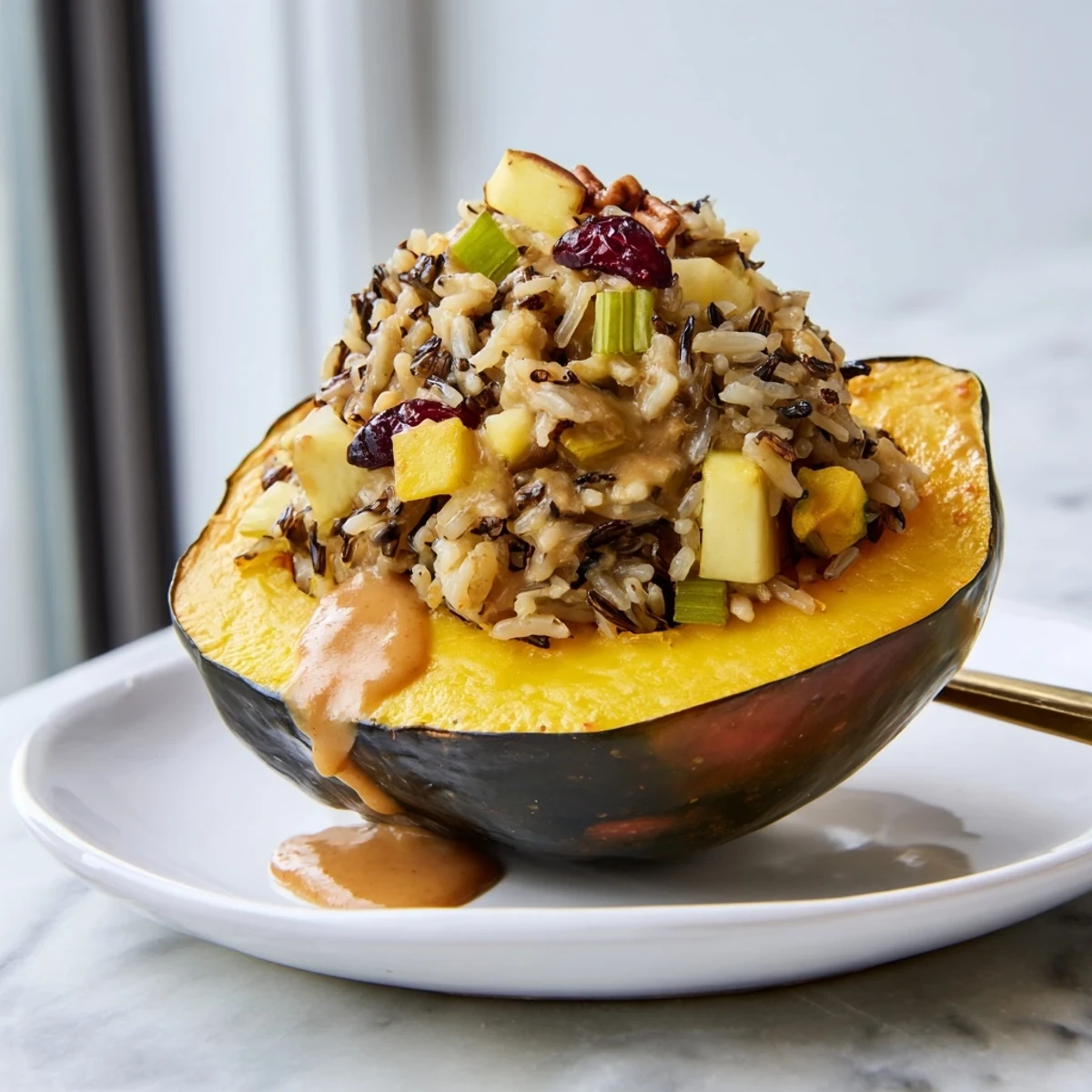 Perfectly plated stuffed acorn squash, featuring wild rice stuffing and a glossy maple sriracha glaze.