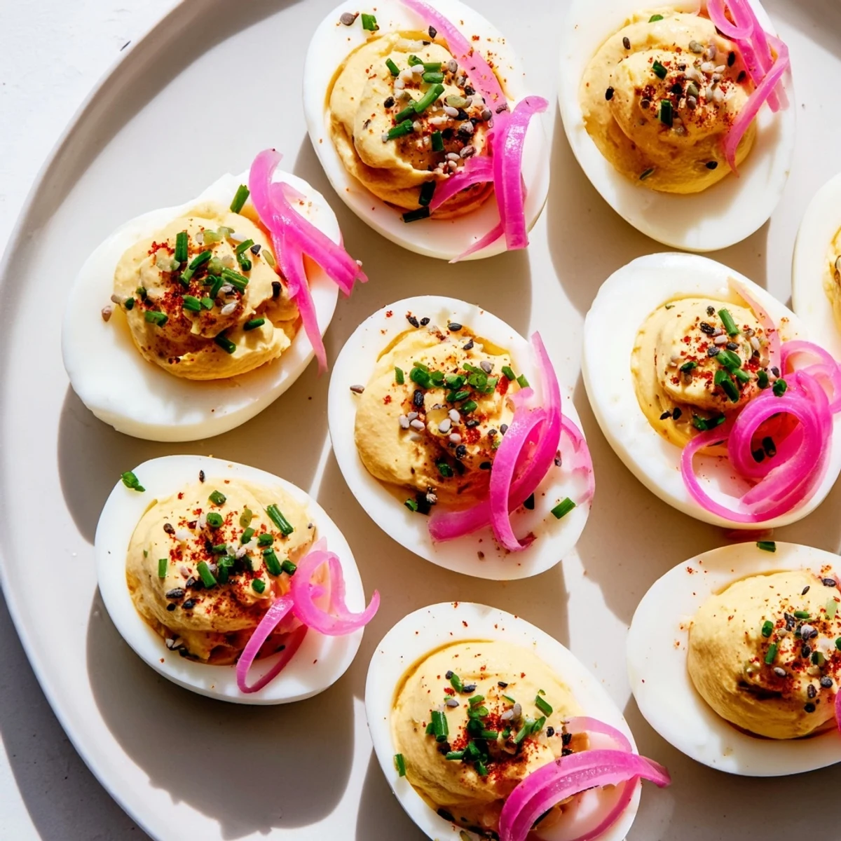 Everything-spiced deviled eggs, vividly photographed, topped with pickled shallots, ready to enjoy as a flavorful appetizer.