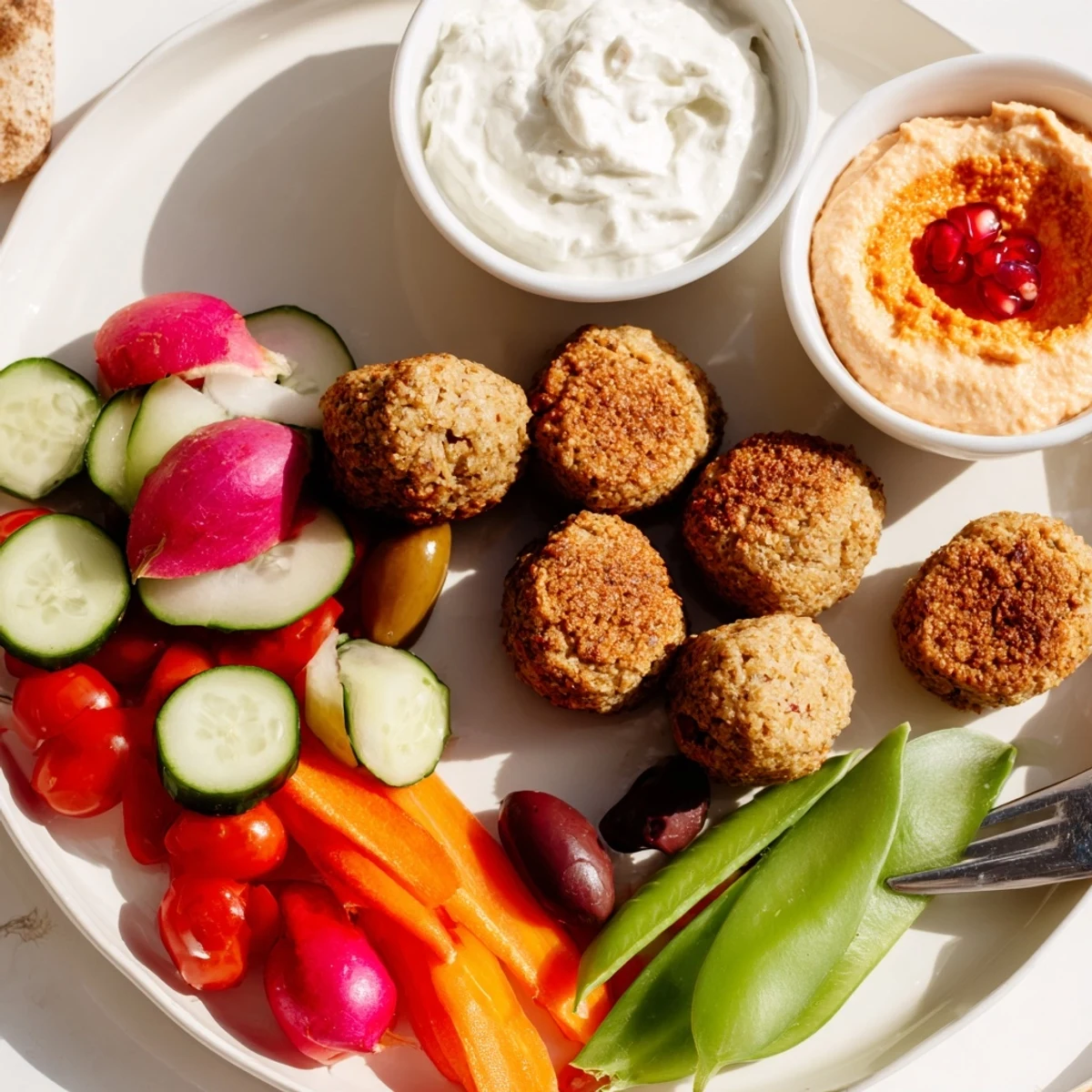 Golden-brown, crispy gluten-free falafel on a festive holiday board with vibrant dipping sauces and veggies.