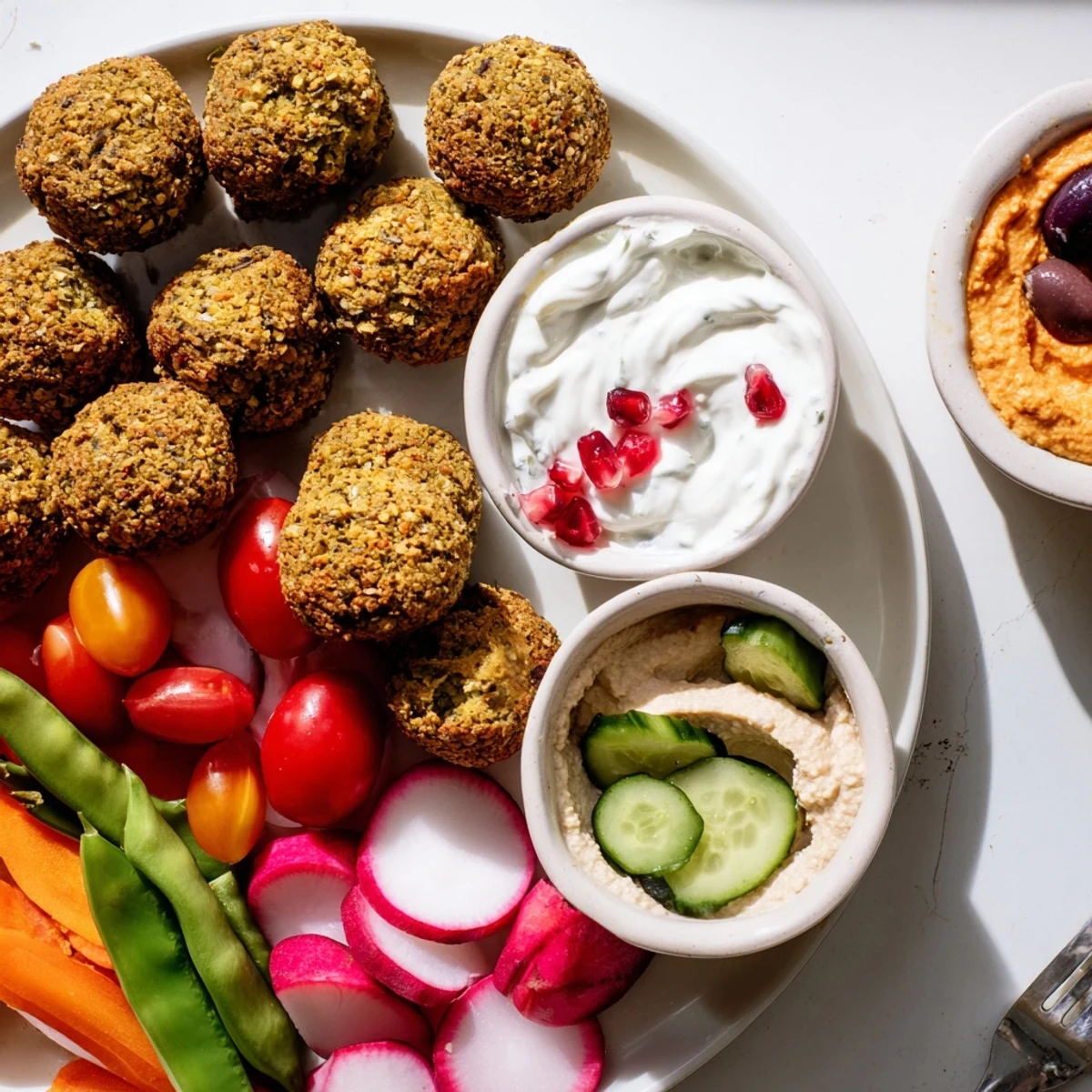 A delicious and colorful Gluten-Free Holiday Falafel Board brimming with fresh ingredients, perfect for sharing.
