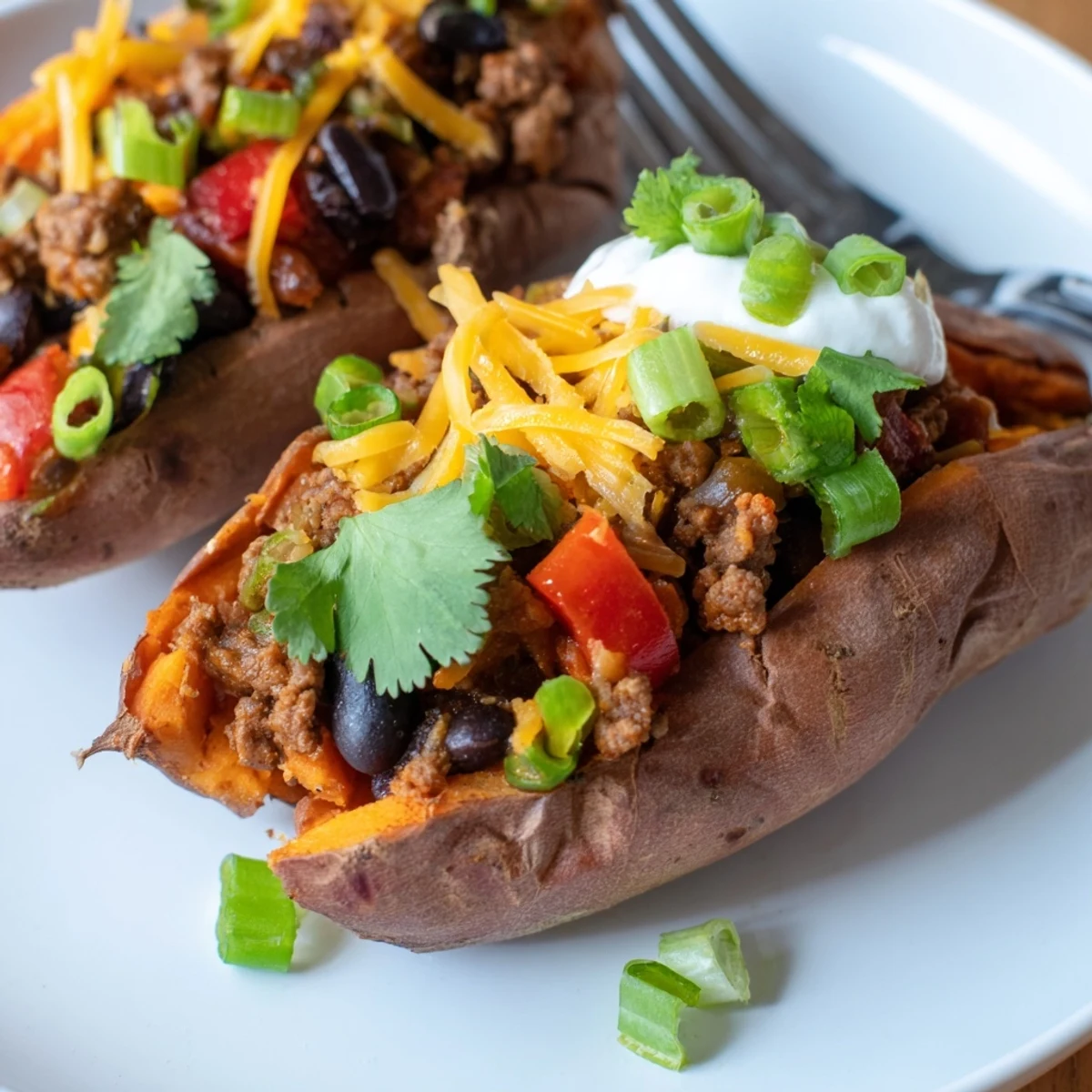 Warm, spiced Baked Sweet Potato Stuffed with Chili, a delicious and balanced main course ready.