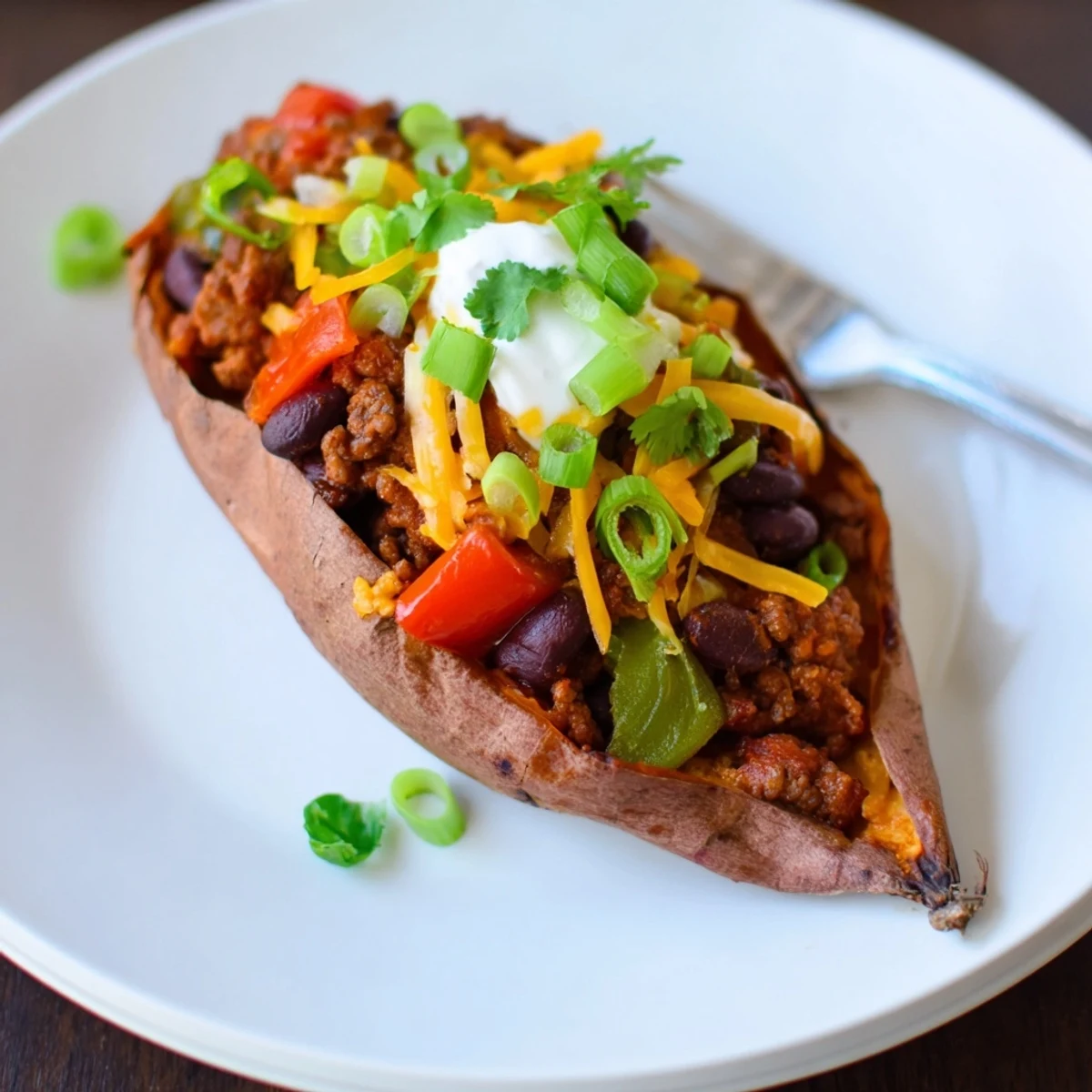 A close-up of a Baked Sweet Potato Stuffed with Chili, savory filling overflowing onto the plate.