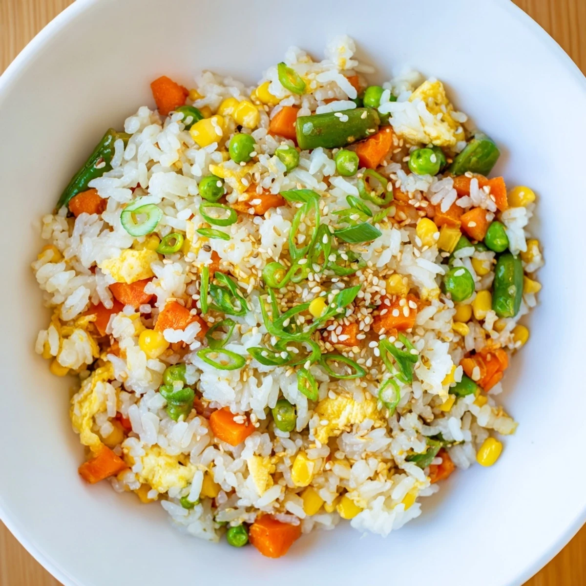 This flavorful bowl of Frozen Veggie Fried Rice includes a perfect medley of tender vegetables and aromatic soy sauce.