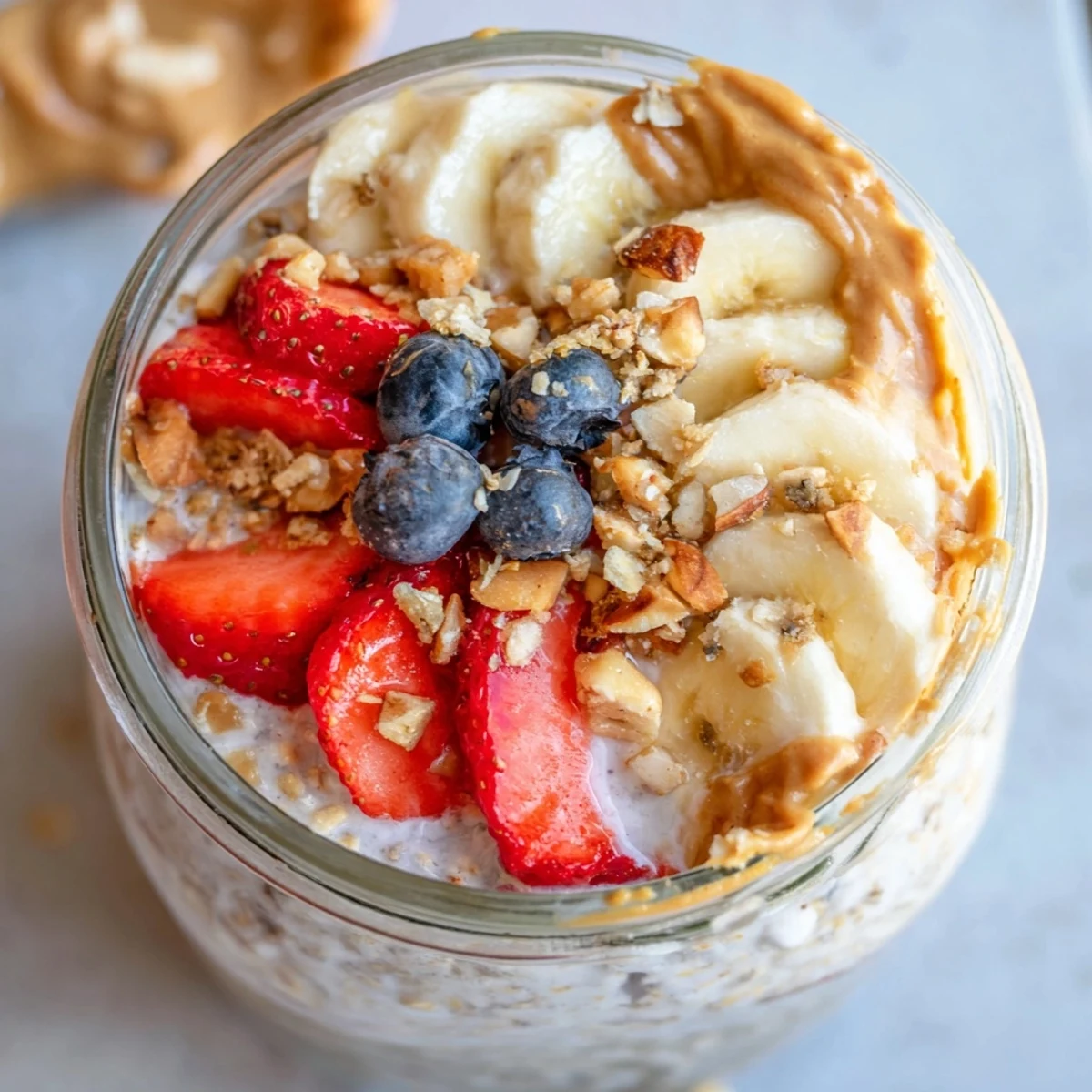 Overnight oats jars layered with creamy oats, fresh fruit, and rich peanut butter.