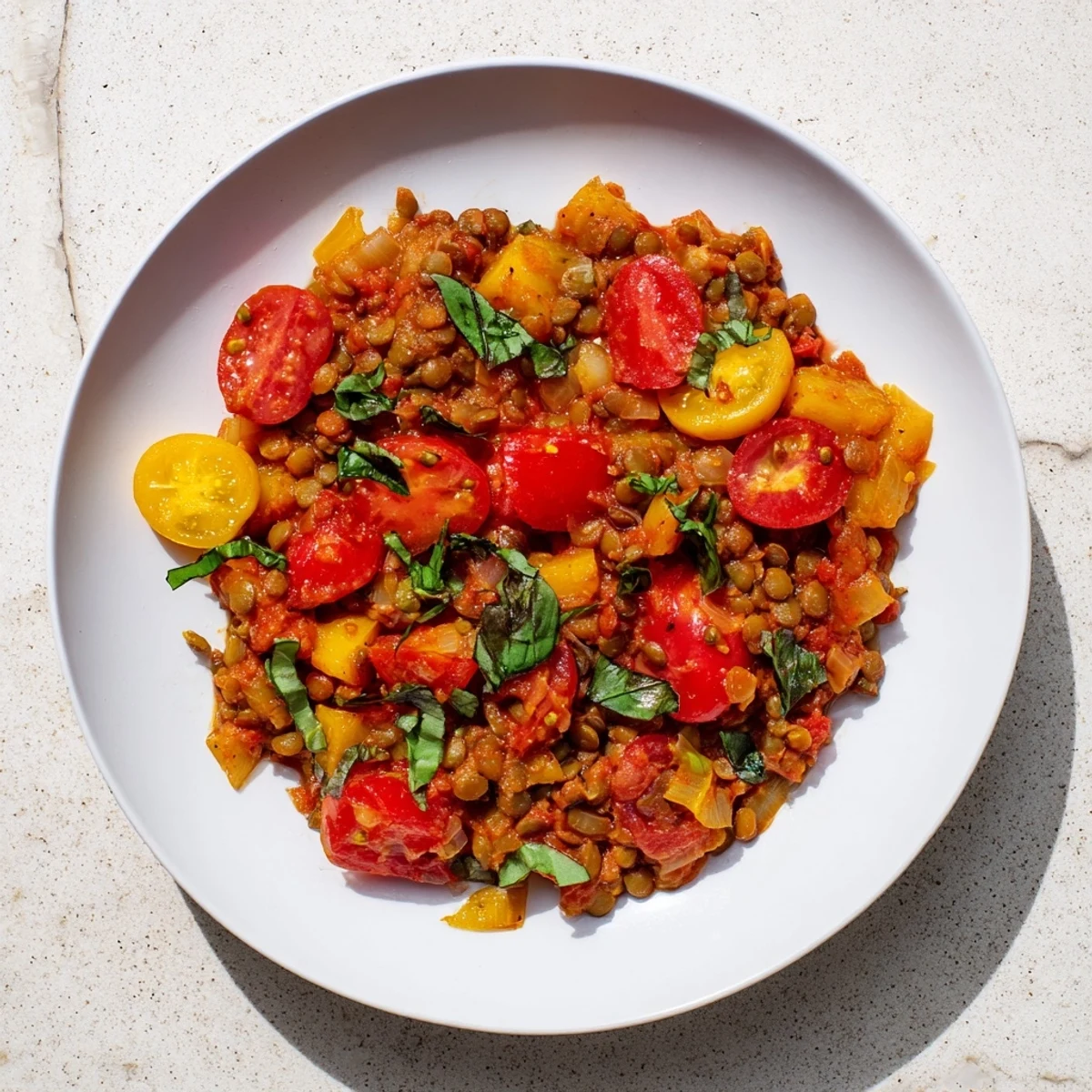 Warm, vibrant Lentil-Tomato Skillet, showcasing juicy tomatoes, and herbs; ready to serve.