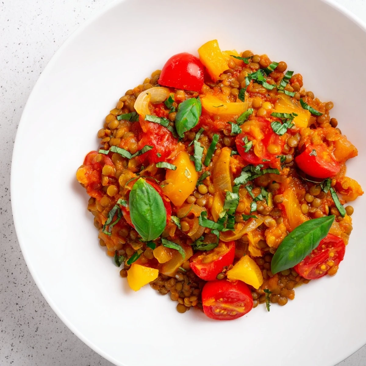 Savory Lentil-Tomato Skillet with fresh herbs, ready in one pan; a filling and flavorful option.