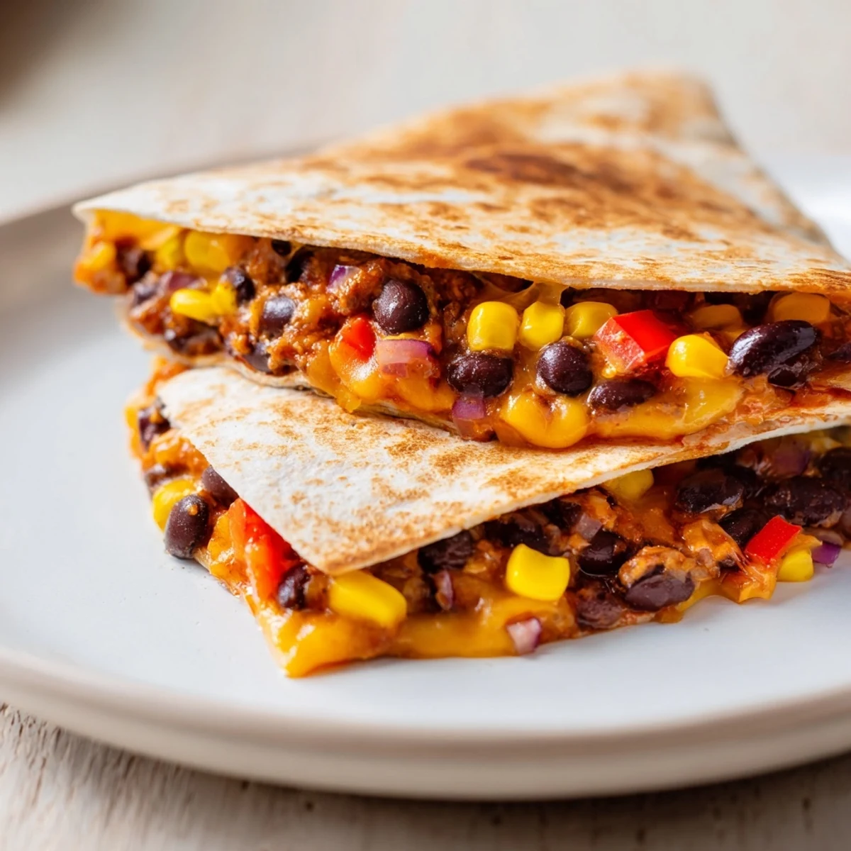 A close-up shot of a halved, folded tortilla wrap revealing melty cheese and bean mixture.