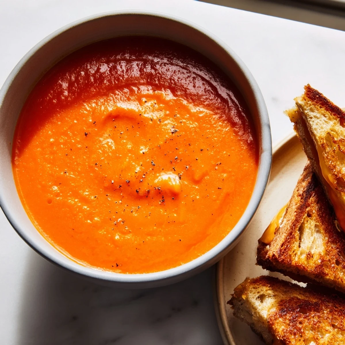 Steaming bowl of 5-Ingredient Tomato Soup beside golden, cheesy grilled cheese ready for dipping.