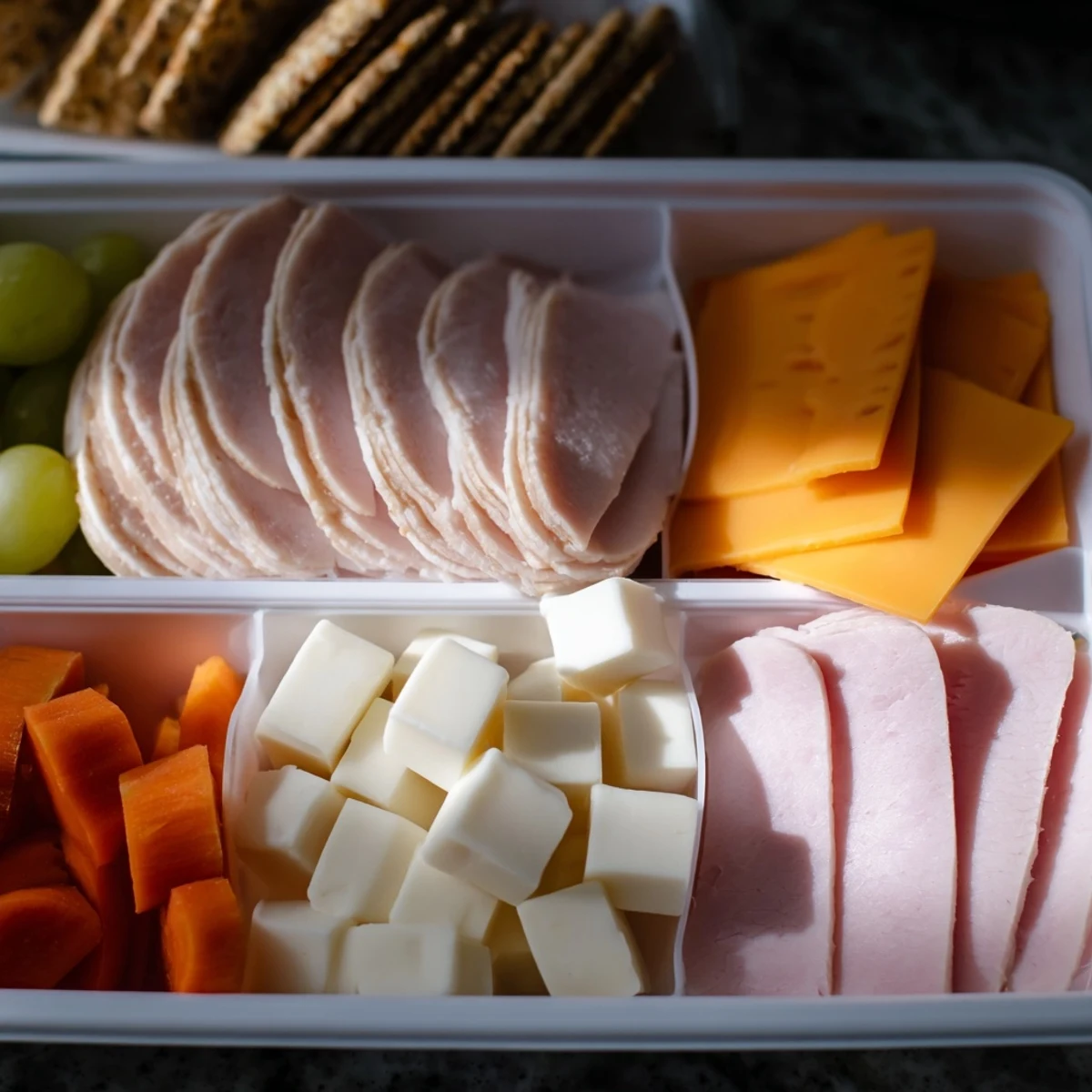 Easy-to-assemble DIY Lunchables tray showcasing ham, cheddar, and fresh cucumber slices with crackers.