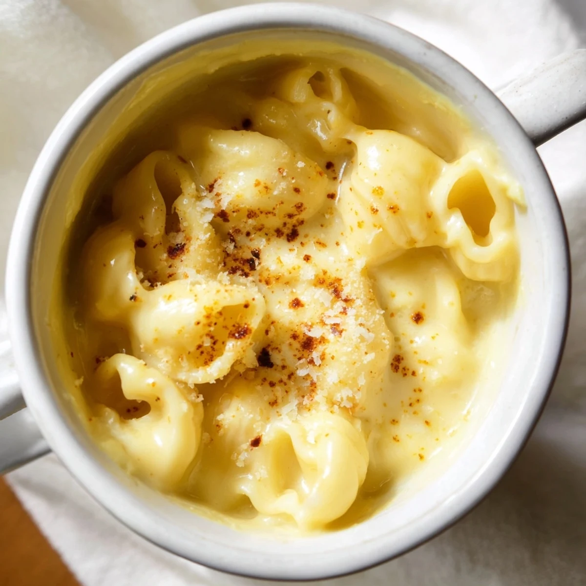 Steaming hot mug mac & cheese, a single serving of cheesy comfort, ready in minutes.