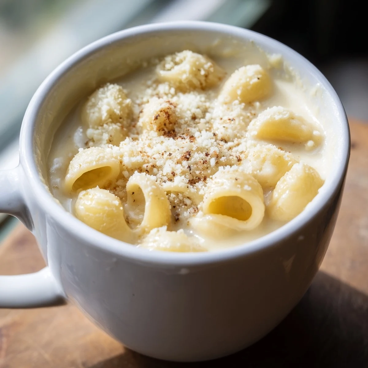 Flavorful and creamy mug mac & cheese, a simple and satisfying American vegetarian dish.