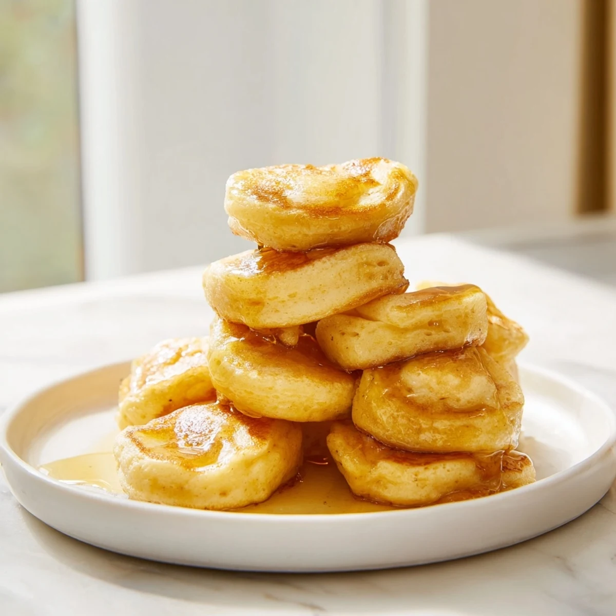 Tiny, fluffy pancake cereal, swimming in milk, offering a fun, delicious American breakfast experience.