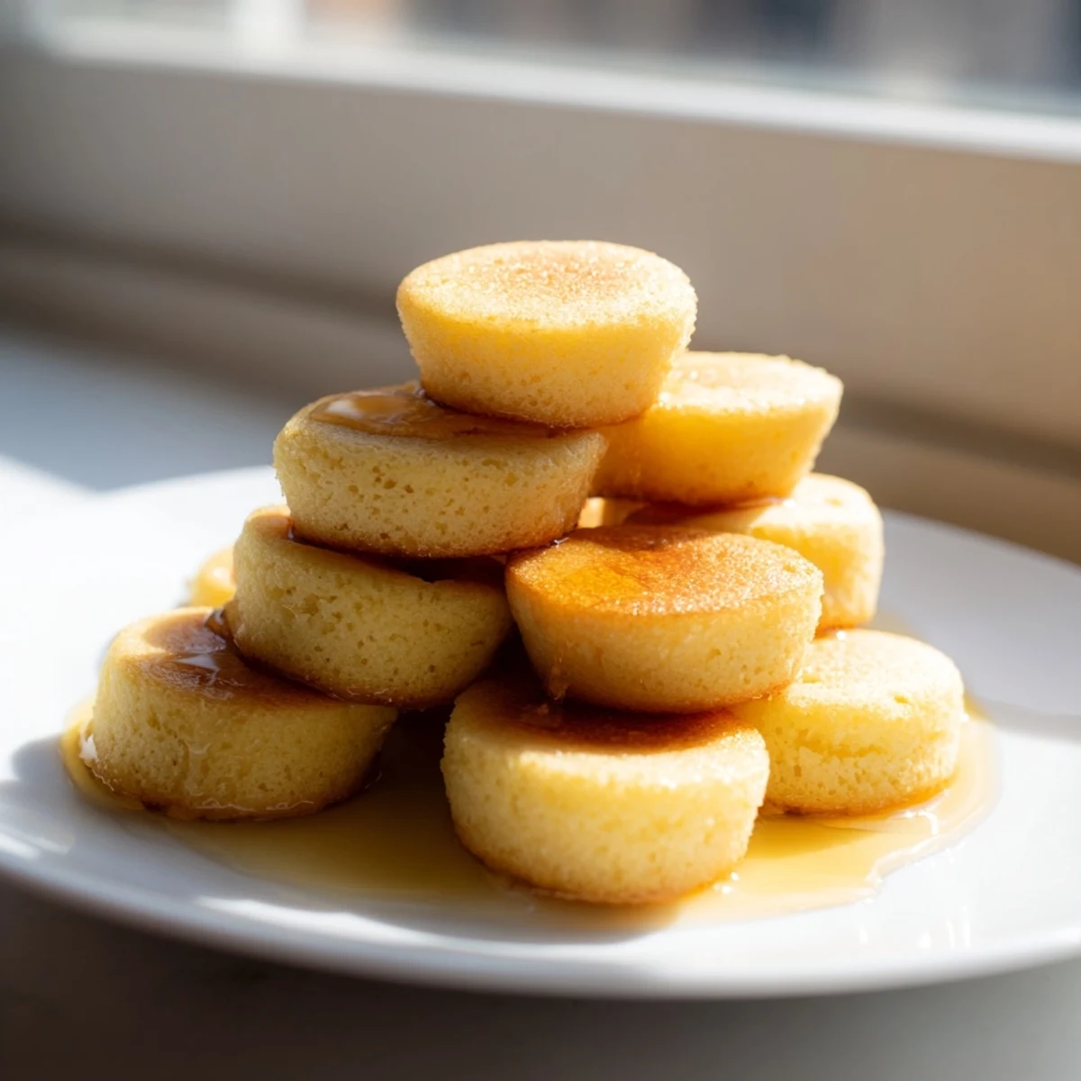 Close-up of miniature golden pancake cereal, waiting to be drizzled with maple syrup for brunch.